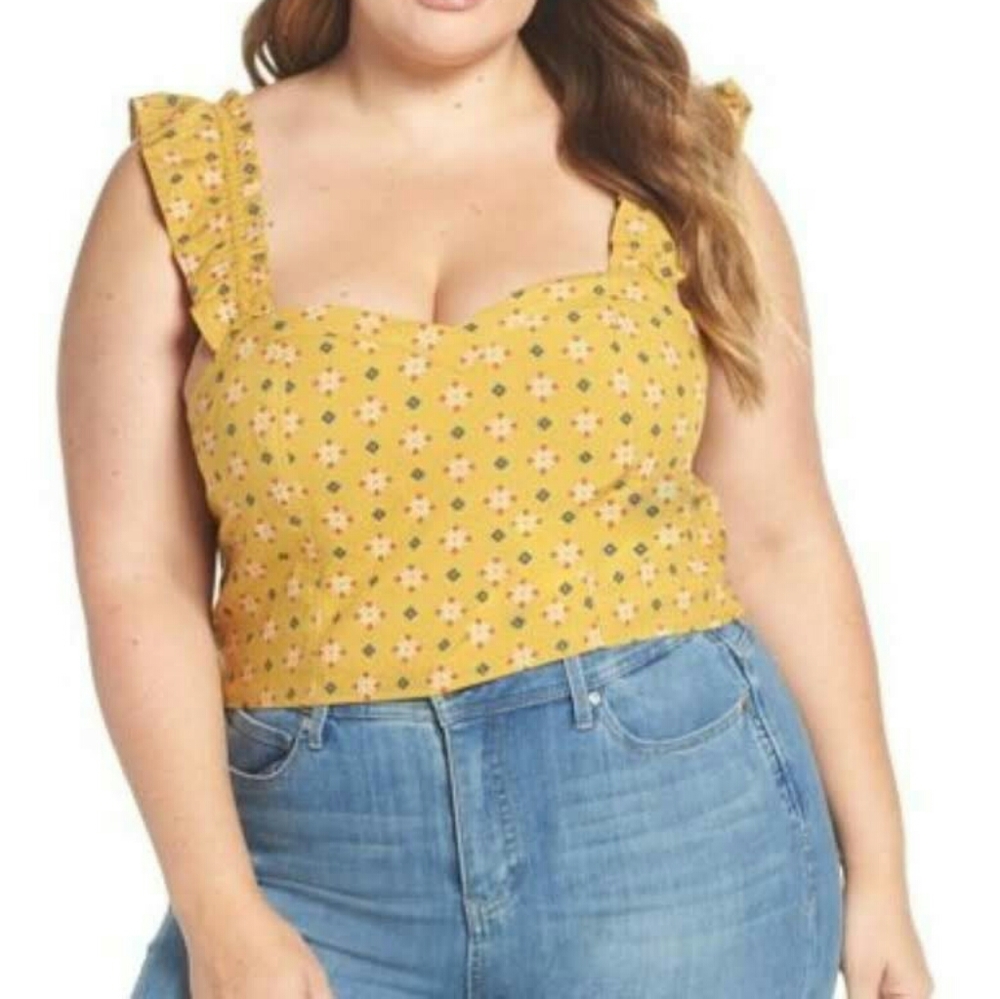 BP Tan Mustard Folard Dot Ruffle Strap Crop Top - Picture 1 of 11